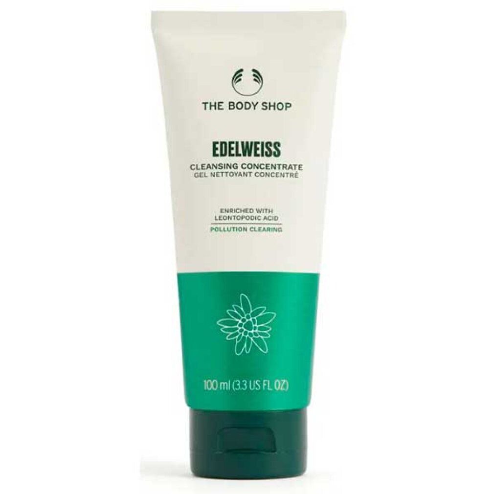 Tubo "THE BODY SHOP EDELWEISS Cleansing Concentrate". Design verde e bianco, motivo floreale, testo in inglese e francese. 100 ml.