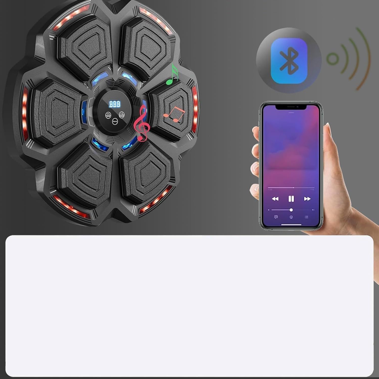Dispositivo fitness rotondo nero con luci LED. Uno smartphone mostra un'app musicale. Simbolo Bluetooth.