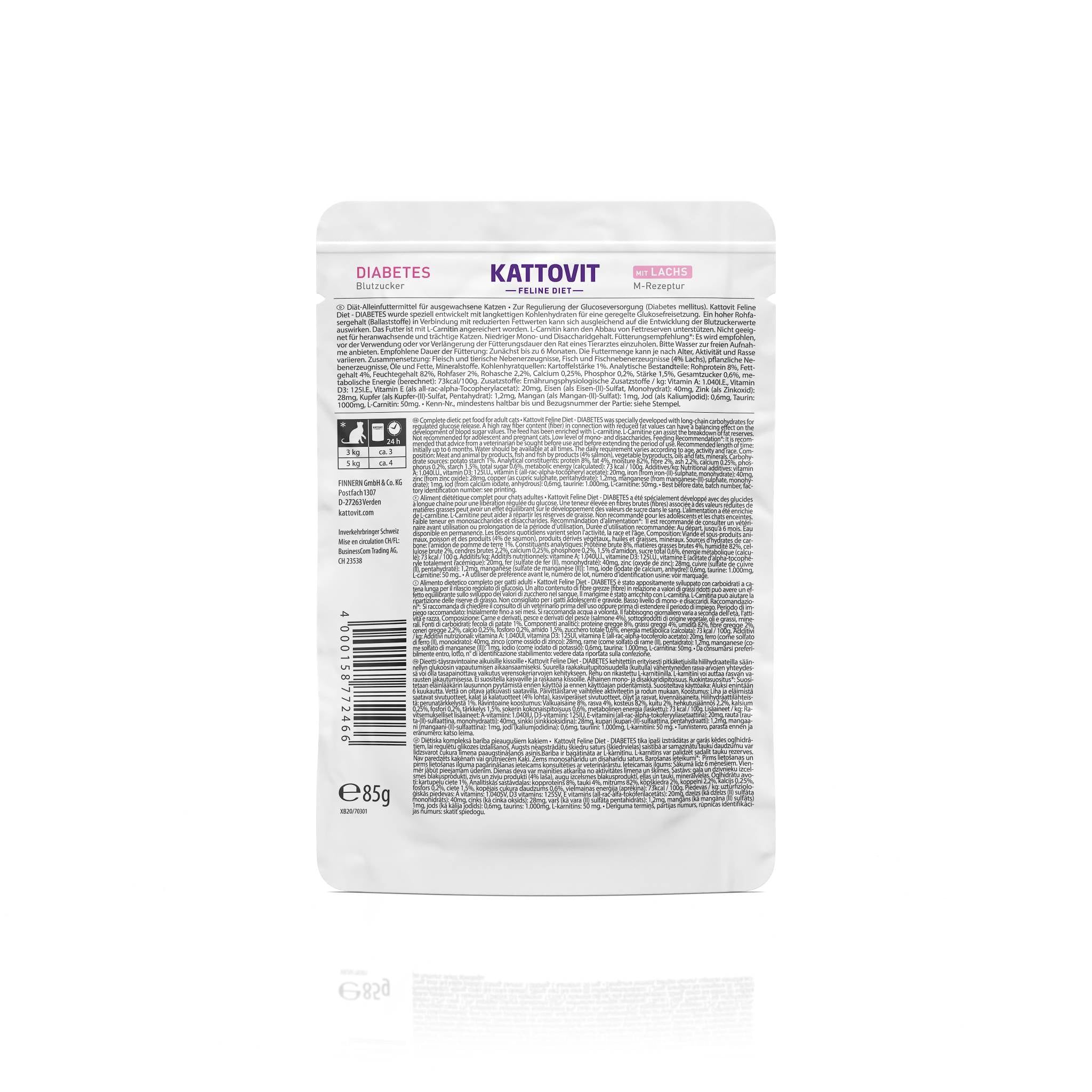 Retro della confezione KATTOVIT Diabetes Lachs. Testo in più lingue. Codice a barre e indicazione del peso: 85g.