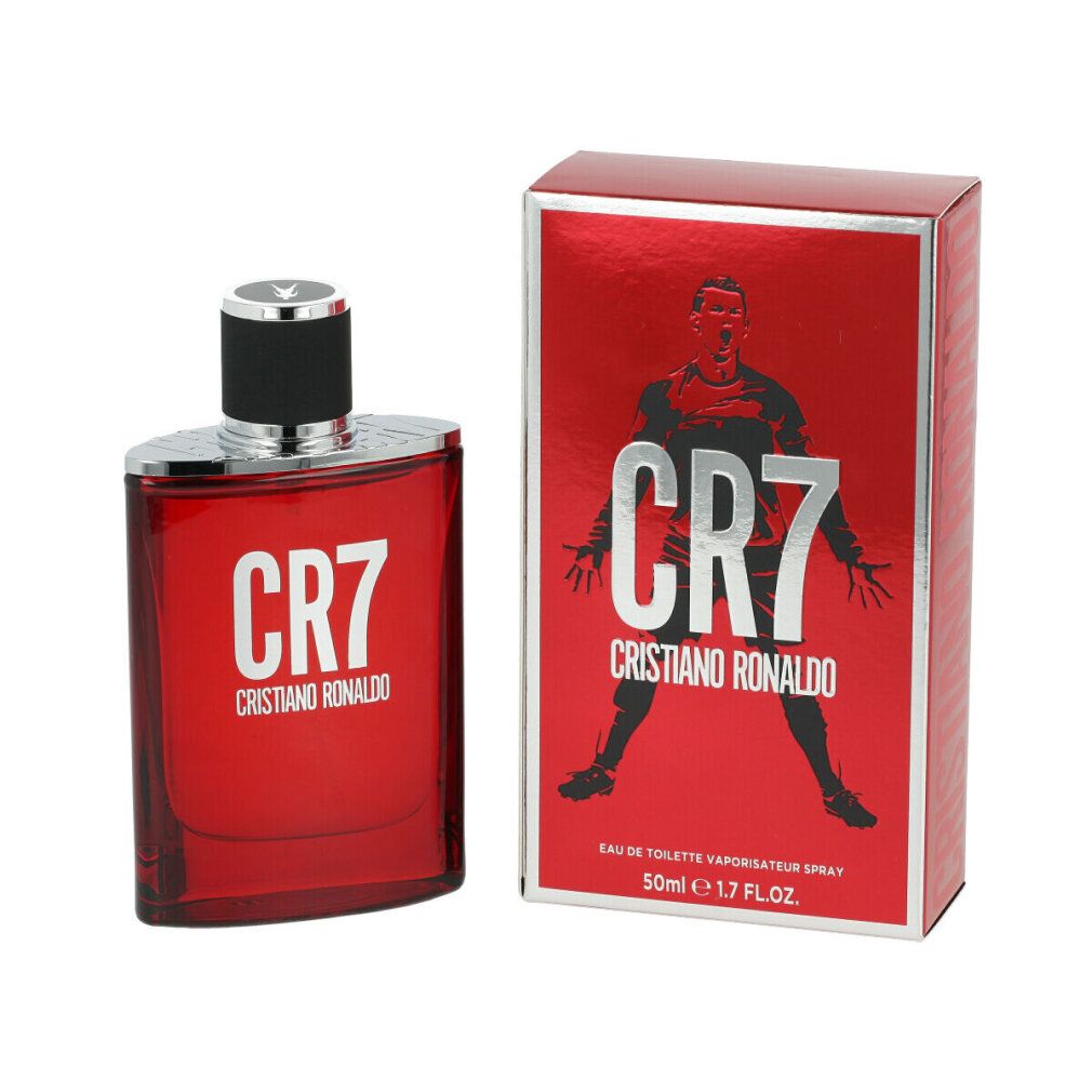 Spray CR7 Eau de Toilette rosso e confezione. Confezione con silhouette di Cristiano Ronaldo. Tappo nero.