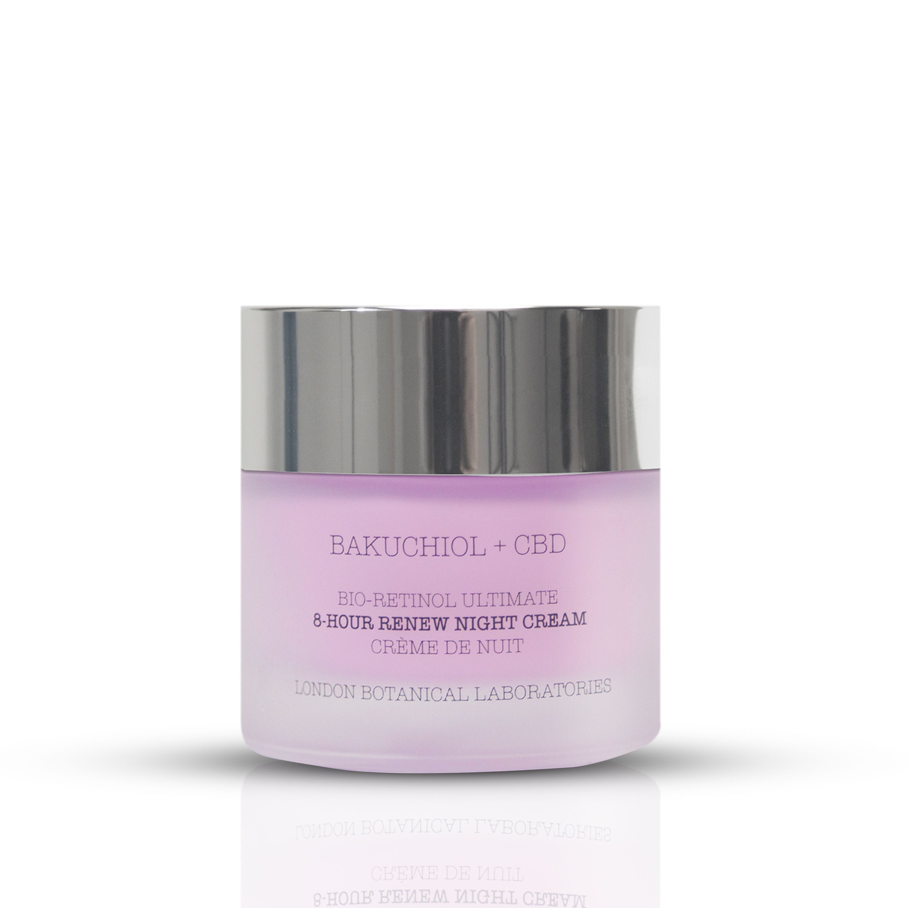 Vaso di crema con coperchio argentato. Scritta: Bakuchiol + CBD, Bio-Retinol Ultimate 8-Hour Renew Night Cream, Crème de Nuit. London Botanical Laboratories.