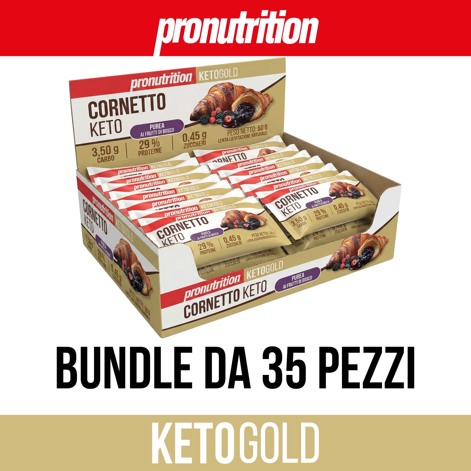 Scatola di Cornetto Keto. Scritta: Bundle da 35 pezzi. Marchio: Pronutrition. Nome prodotto: Cornetto Keto.