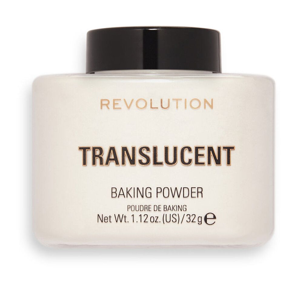 Contenitore bianco con coperchio nero. Scritta: REVOLUTION, TRANSLUCENT, BAKING POWDER. Peso netto: 1.12 oz. (US)/32g.