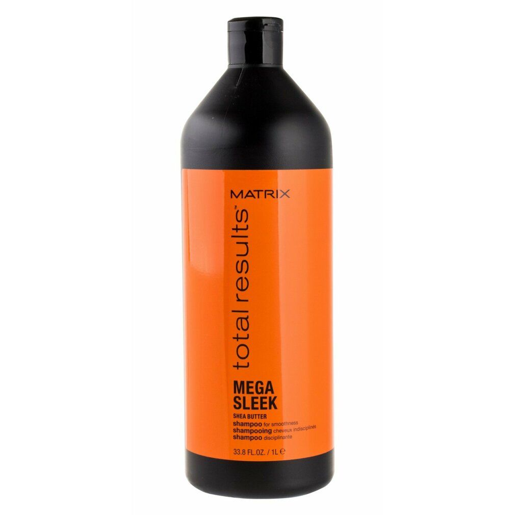 Flacone nero con etichetta arancione. Scritta: Matrix Total Results Mega Sleek Shea Butter Shampoo. 33.8 fl.oz/1L.