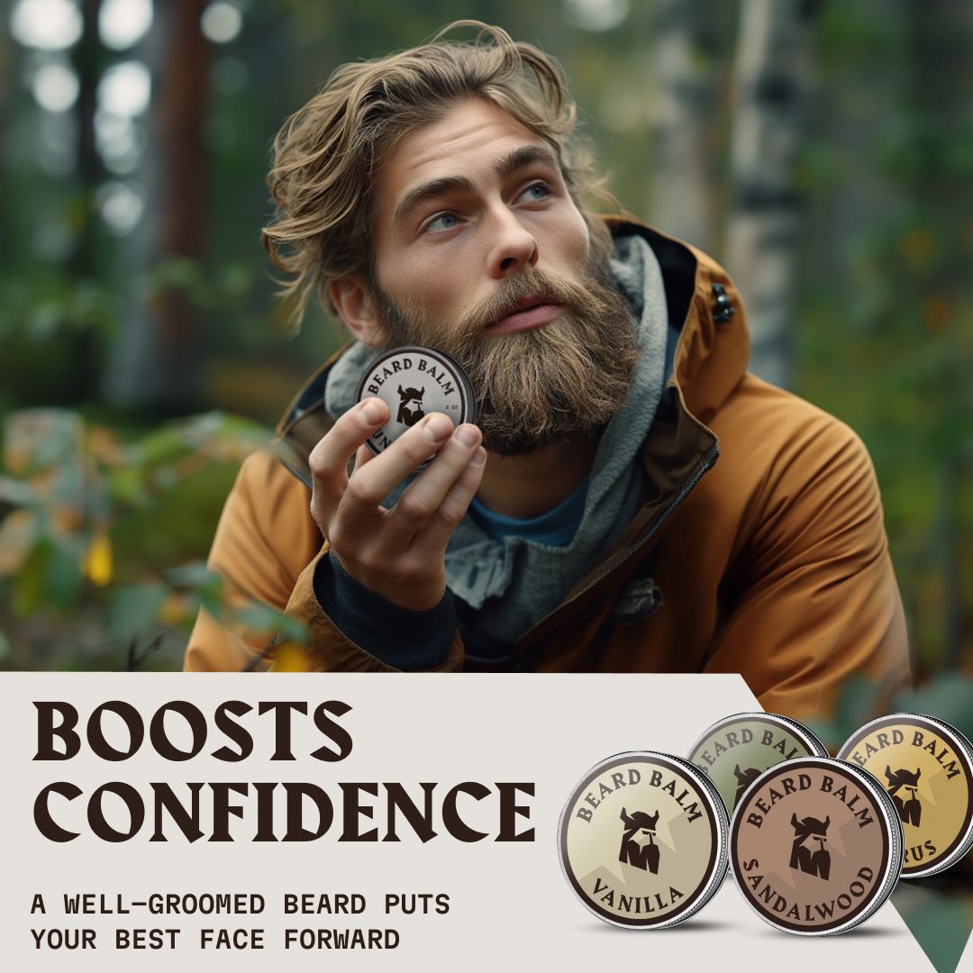 Uomo all'aperto tiene in mano un barattolo di balsamo da barba Striking Viking. Quattro barattoli sono mostrati in basso.