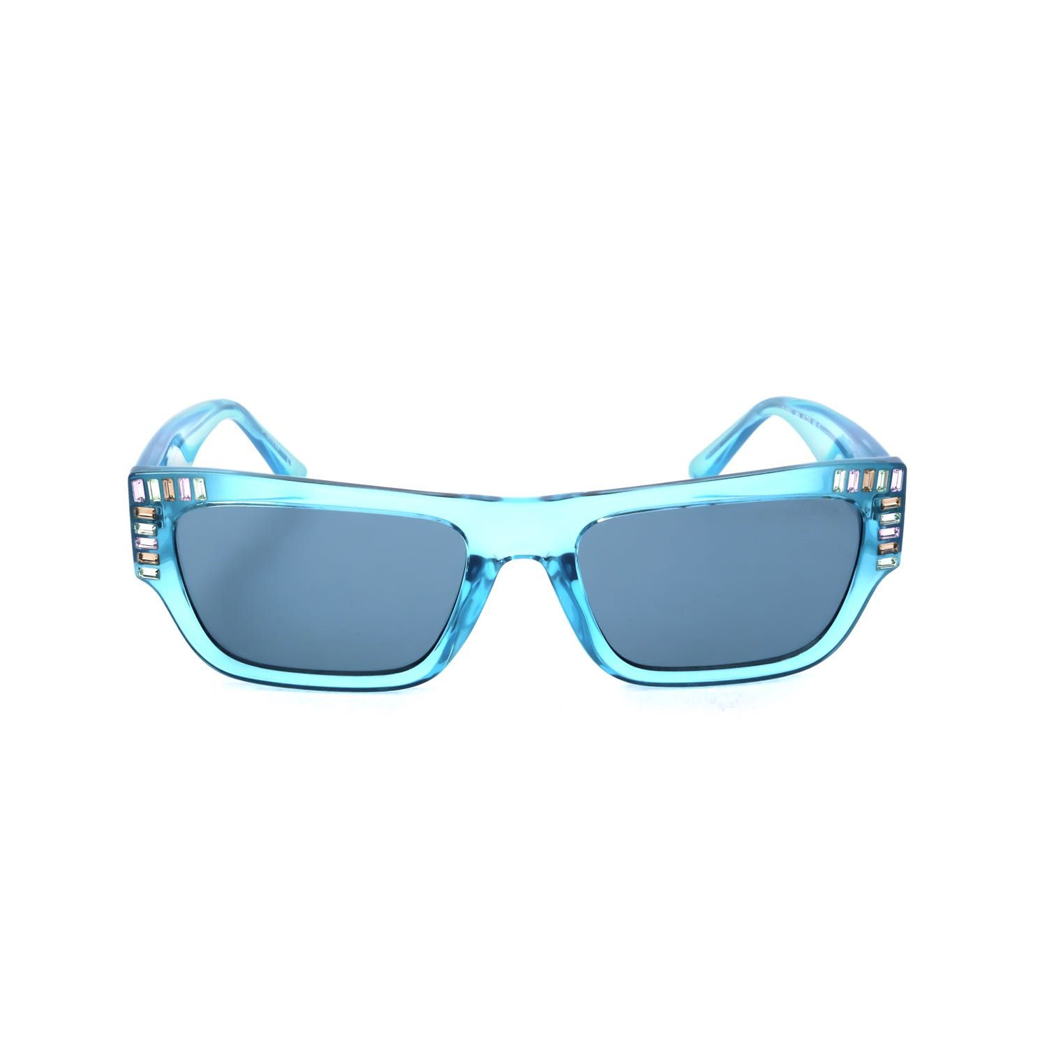 Occhiali da sole blu con lenti rettangolari e strass sulle aste.