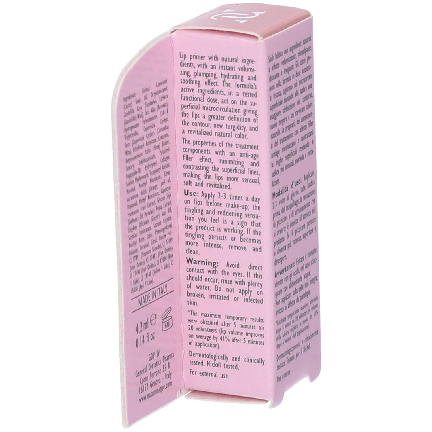 Confezione rosa con testo. Contiene informazioni sul prodotto e sugli ingredienti. Scritta: Natur Unique Lip Volume XXXL Nude 4.