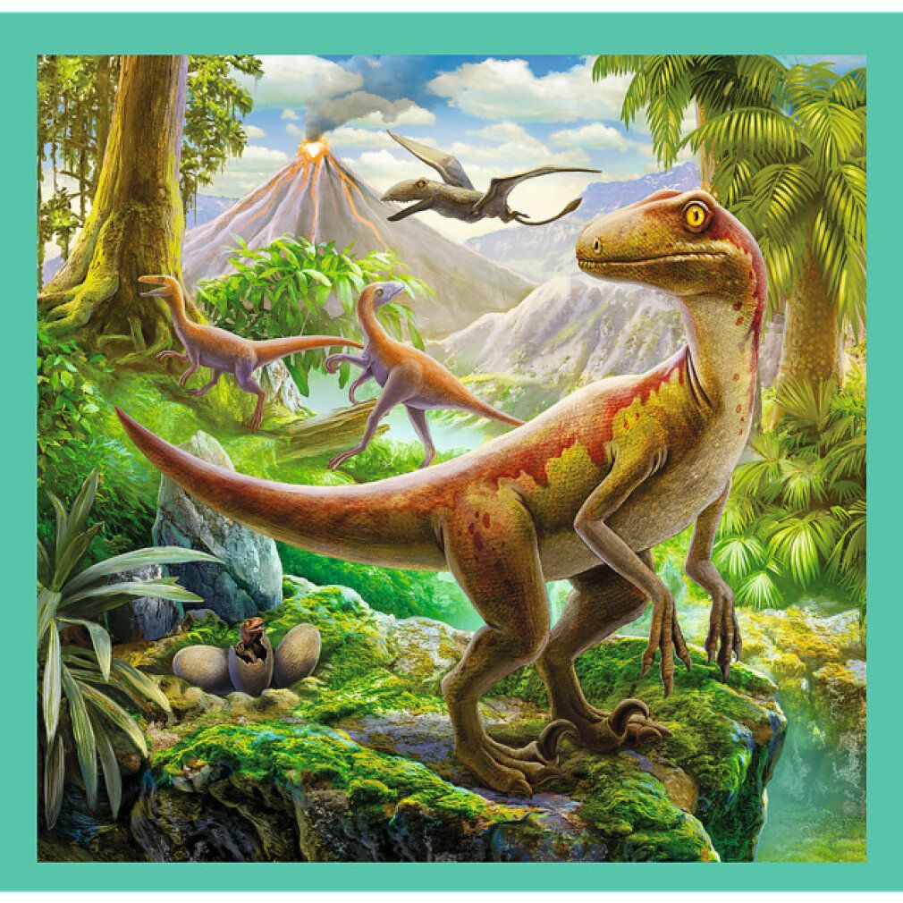 Puzzle con un dinosauro in un paesaggio. Mostra un Parasaurolophus e una libellula.