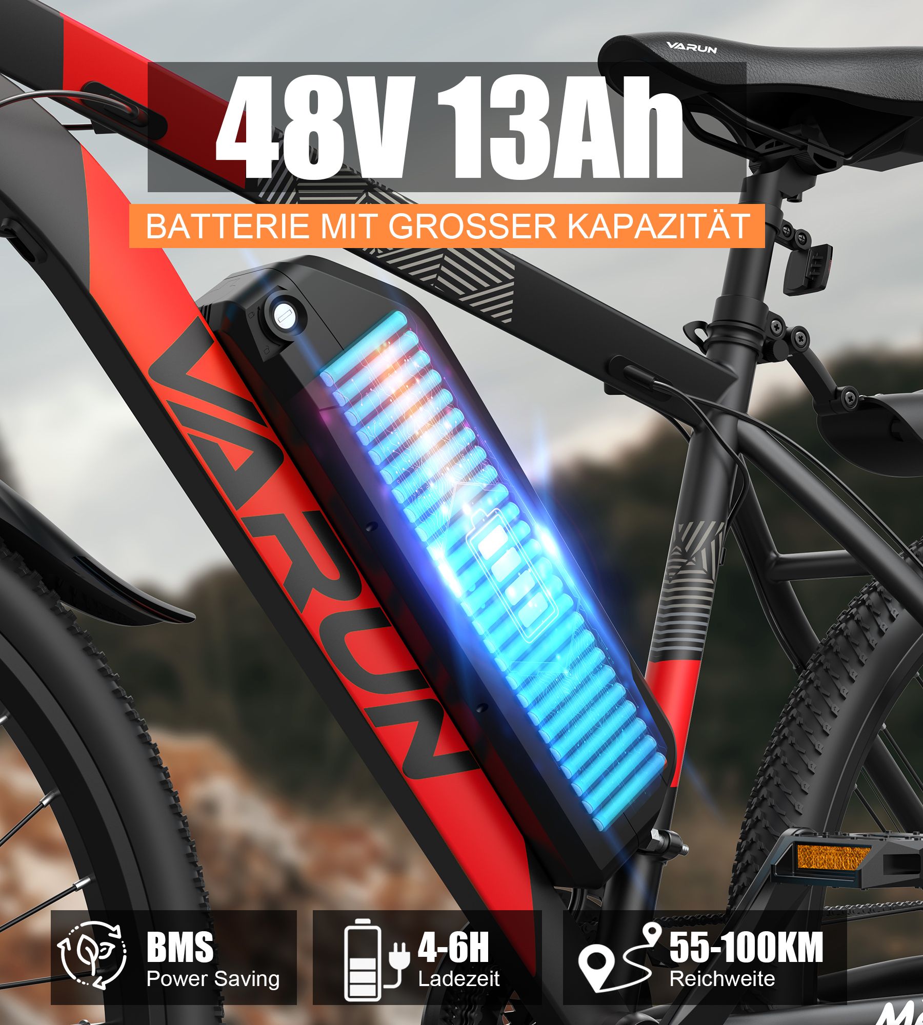 E-bike con telaio rosso e batteria nera. Batteria con illuminazione blu. Testo: 48V 13Ah, batteria ad alta capacità.