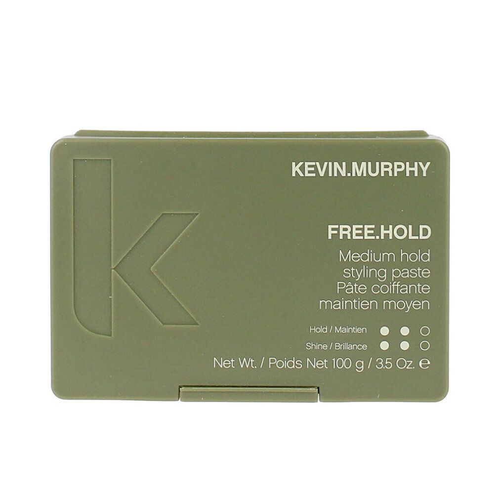 Confezione rettangolare verde oliva con informazioni sul prodotto. Scritta: KEVIN.MURPHY, FREE.HOLD, Medium Hold Styling Paste. Peso netto 100 g / 3.5 Oz.