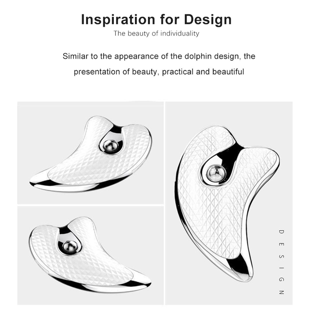 Tre dispositivi per massaggio Gua Sha. Argento, ergonomici. Motivo a diamante. Testo: Ispirazione per il design.