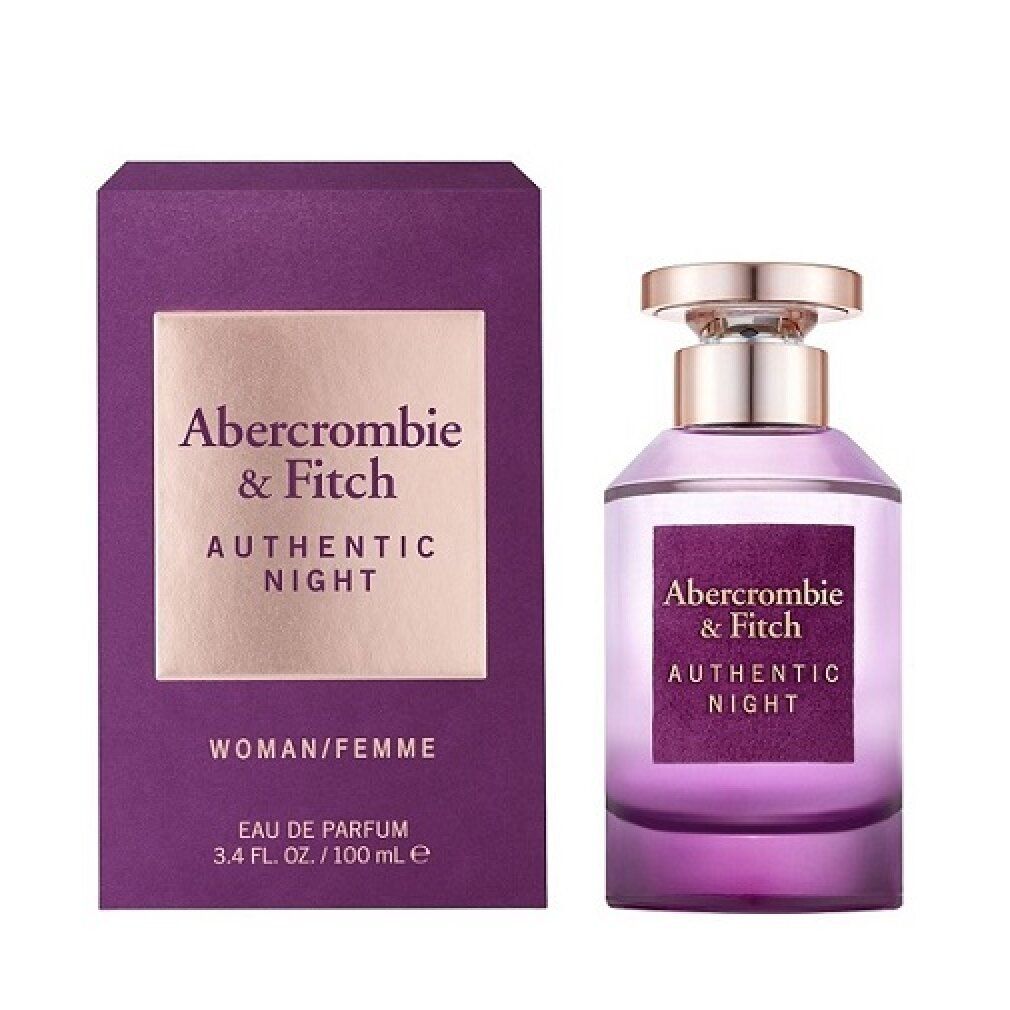 Flacone e scatola Abercrombie & Fitch Authentic Night. Flacone viola con tappo dorato. Scatola con logo e testo.