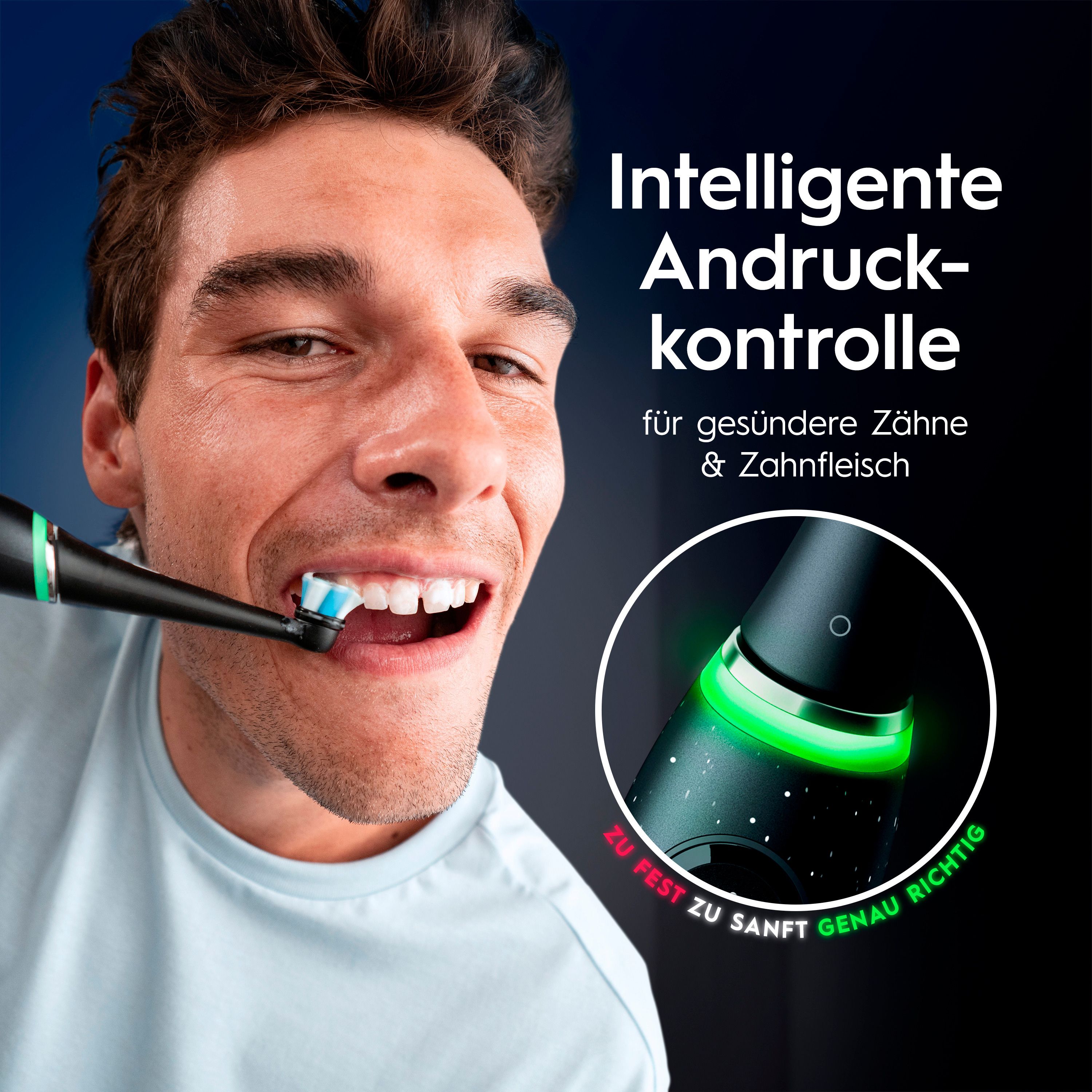 Uomo che si lava i denti con uno spazzolino nero. Indicatore verde per la giusta pressione. Testo: Controllo della pressione intelligente.