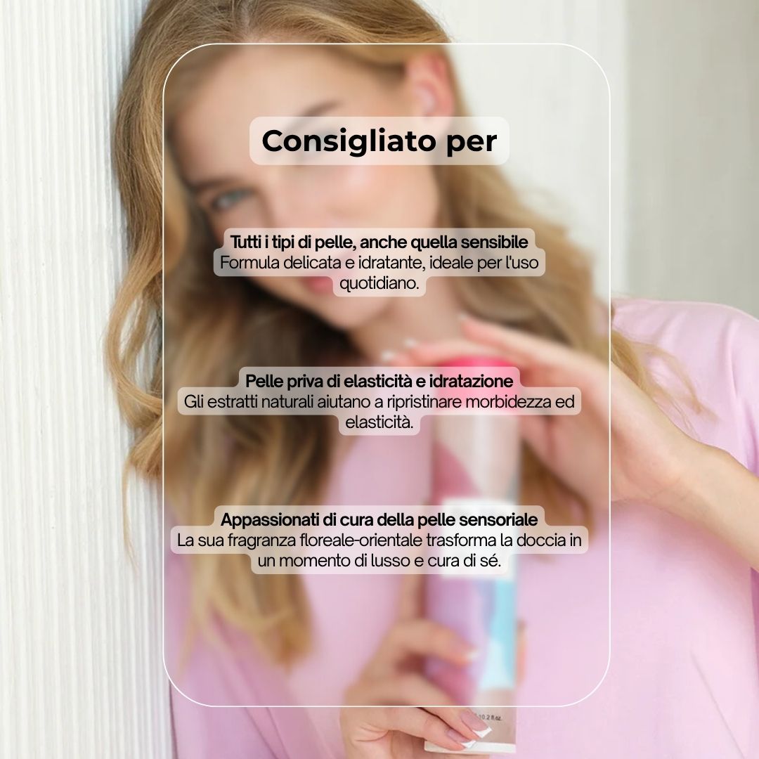 Donna che tiene in mano un flacone di gel doccia. Testo: Dr. SEA, Moisturising Shower Gel. Consigliato per tutti i tipi di pelle, anche sensibili.