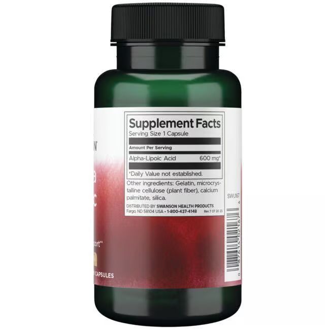 Retro del flacone verde. Etichetta con informazioni nutrizionali: Alpha-Liponsäure 600 mg. Altri ingredienti.