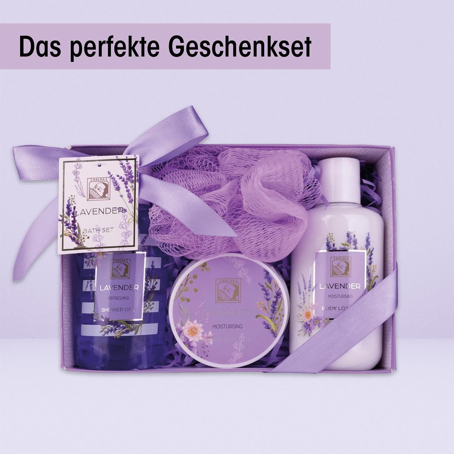 Confezione regalo doccia alla lavanda. Contiene gel doccia, lozione per il corpo, spugna e crema. Fiocco e etichetta viola.