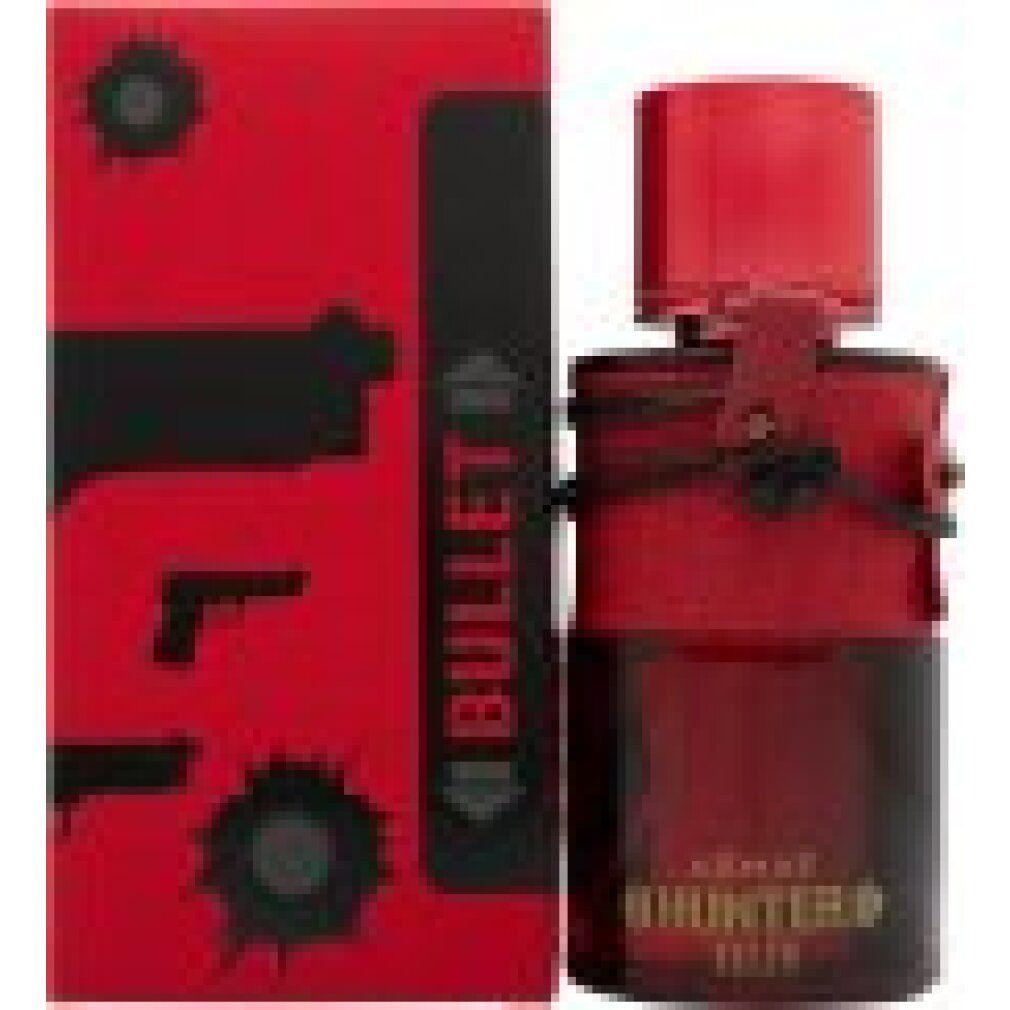 Flacone rosso con tappo rosso e cinturino in pelle. Confezione rossa con "BULLET" e illustrazioni di pistole.