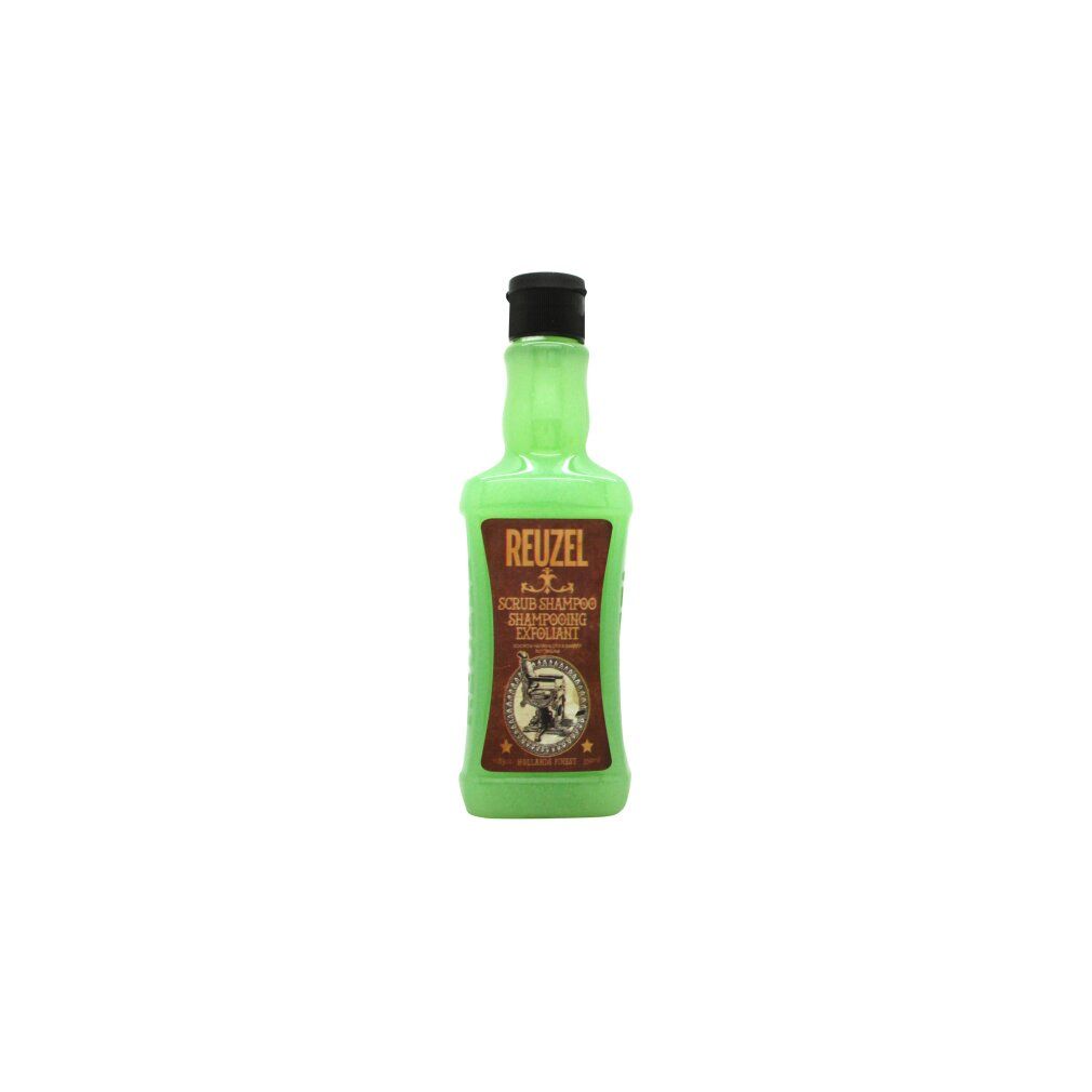 Reuzel Scrub Shampoo in una bottiglia verde con etichetta marrone.