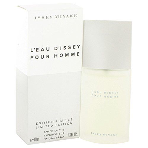 Flacone e scatola. Scritta: Issey Miyake, L'Eau d'Issey pour Homme, Edition Limitee. Liquido giallastro. Bianco.