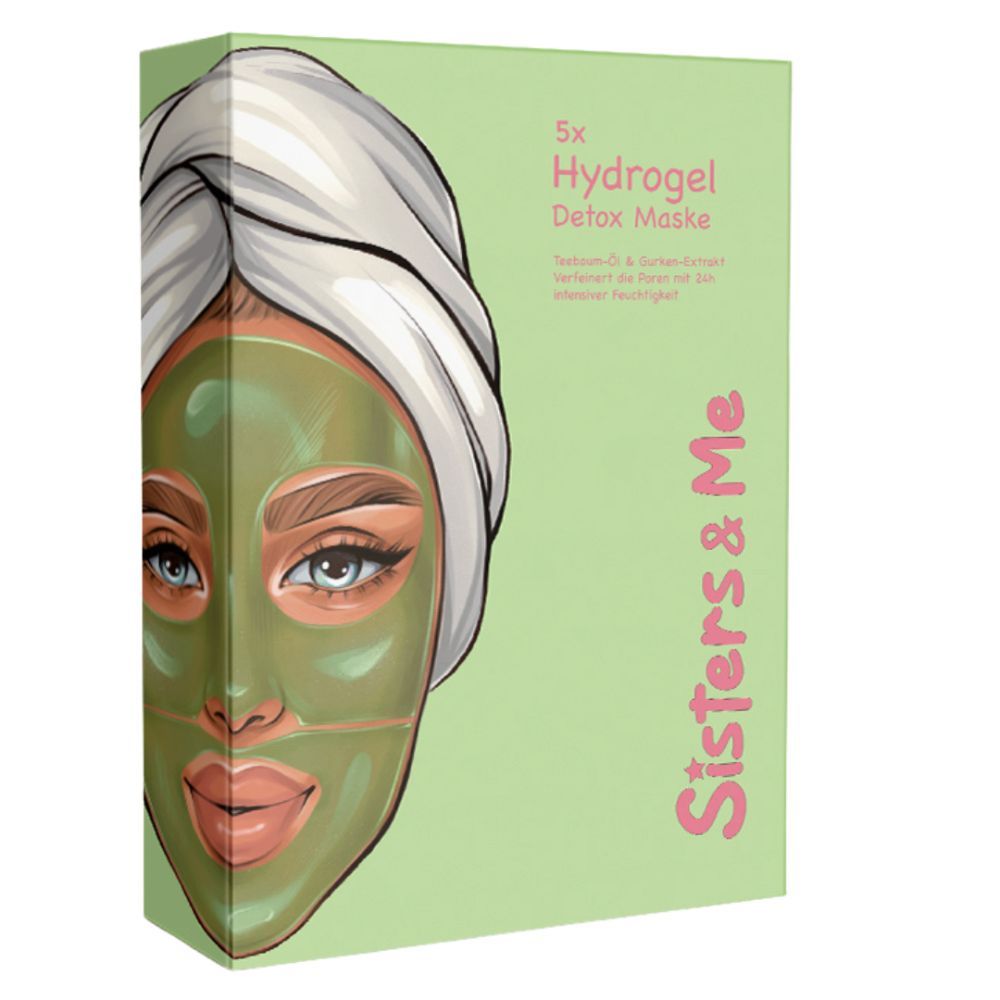 Confezione della maschera Hydrogel Detox. Stampa: 5x Hydrogel Detox Maske, Sisters & Me, olio di tea tree e estratto di cetriolo.