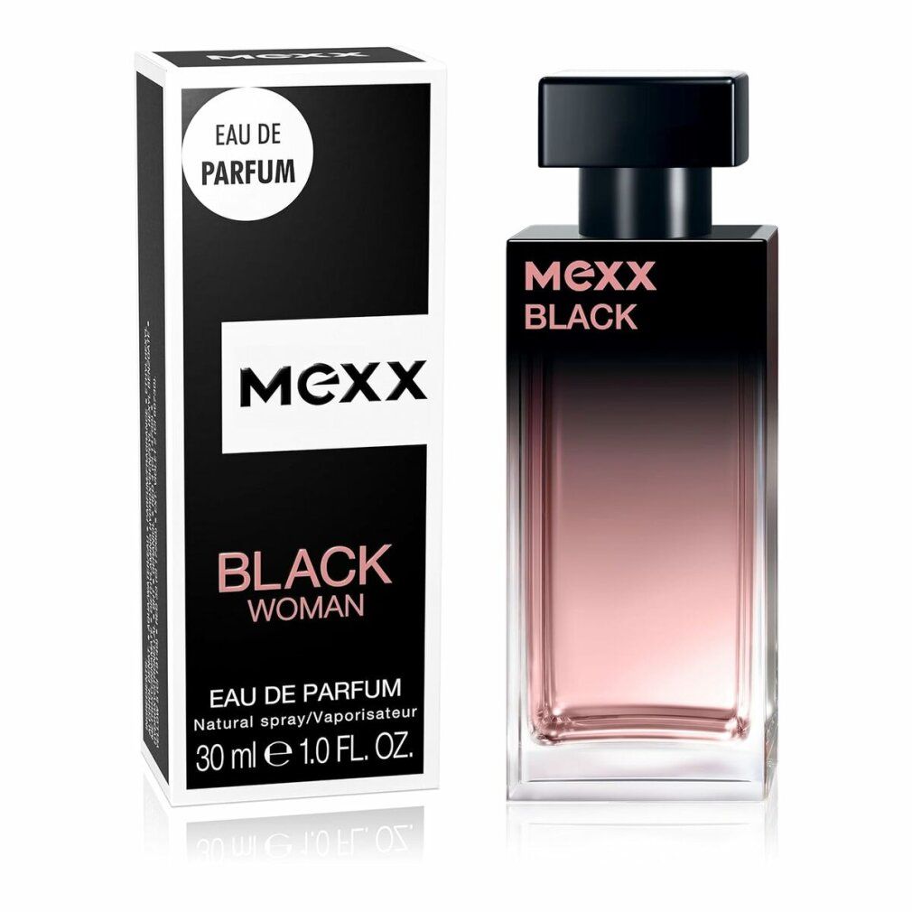 Flacone nero con tappo nero e confezione. Scritta: Mexx Black Woman Eau de Parfum. 30 ml.