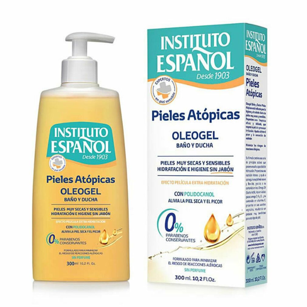 Instituto Español Pelle Atopica Oleogel, flacone e confezione. Liquido giallo, dispenser bianco. Testo: Pieles Atópicas, 0% parabeni.