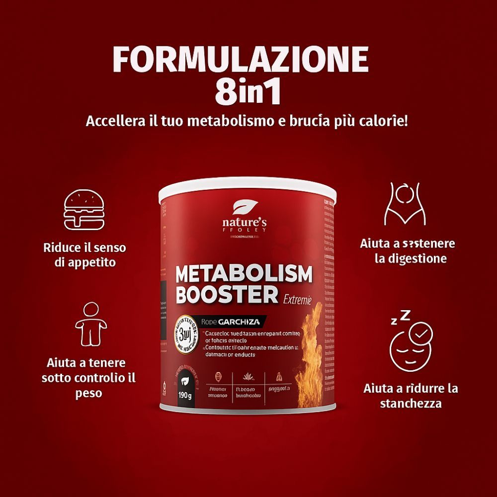 Barattolo rosso 'Metabolism Booster Extreme'. Marchio: Nature's Finest. Formula 8 in 1. Icone: appetito, digestione, peso, stanchezza.
