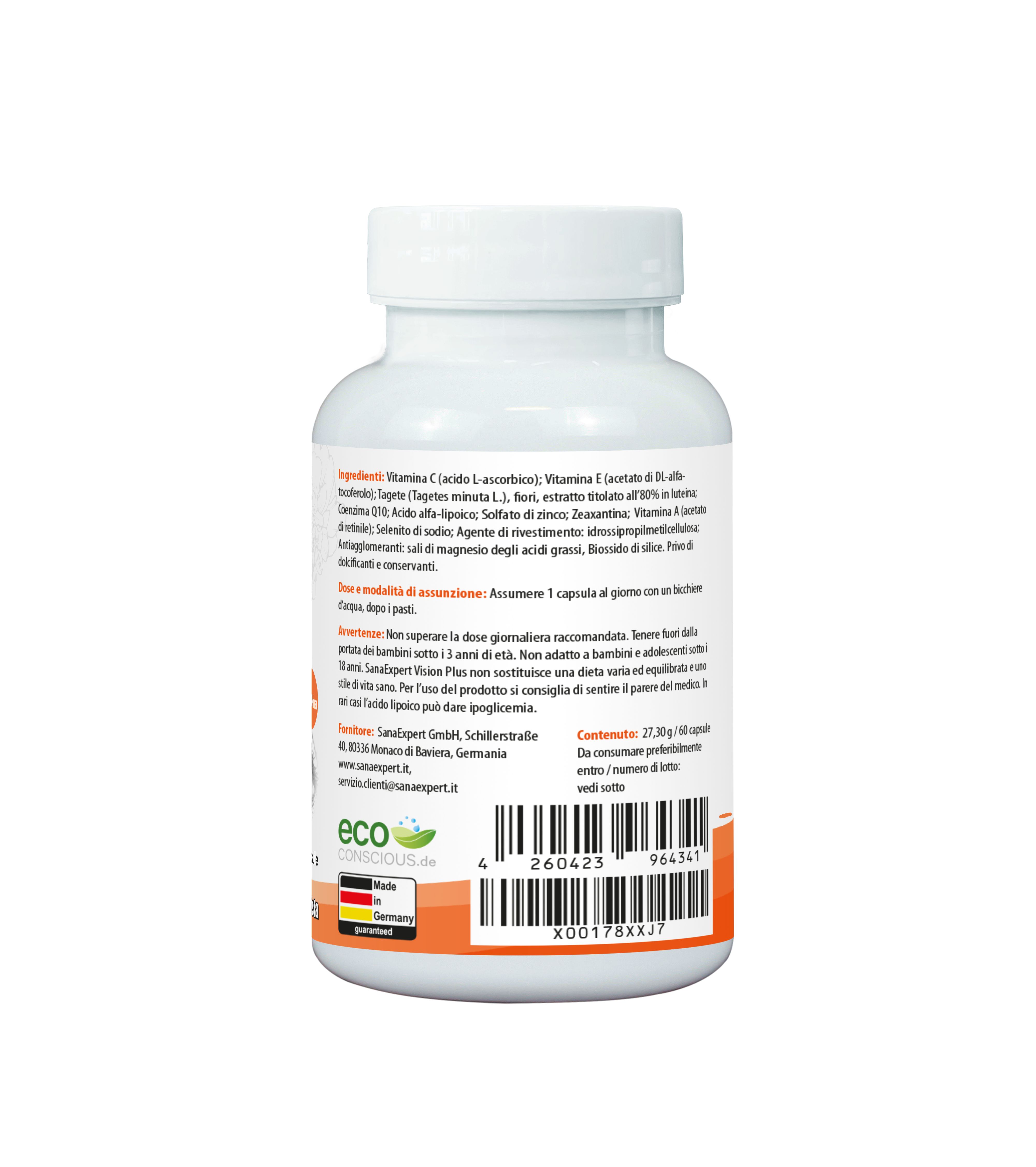 Retro del flacone SanaExpert Vision Plus. Contiene ingredienti, avvertenze e contatti.