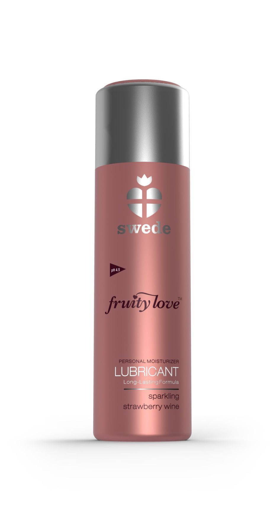 Flacone rosa con tappo argentato. Scritta: Swede, Fruity Love, Lubricant, Sparkling Strawberry Wine. pH 4.5.