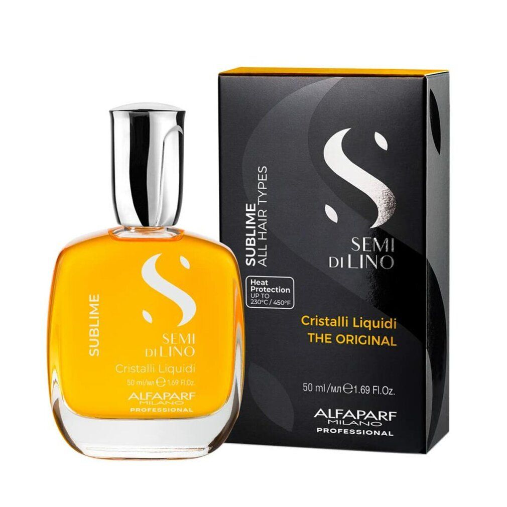Flacone in vetro e confezione nera. Tappo argentato. Scritte: Sublime, Semi Di Lino, Cristalli Liquidi, Alfaparf Milano.