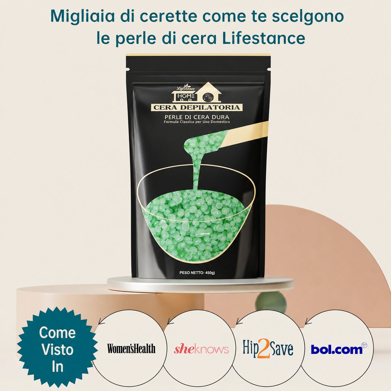 Confezione nera con perle di cera verdi. Testo: Perle di cera Lifestance. Loghi: Women's Health, sheknows, Hip2Save, bol.com.