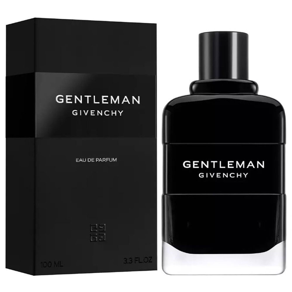 Flacone e confezione neri. Scritta: GENTLEMAN Givenchy. Eau de Parfum. 3.3 FL.OZ. 100 ML.