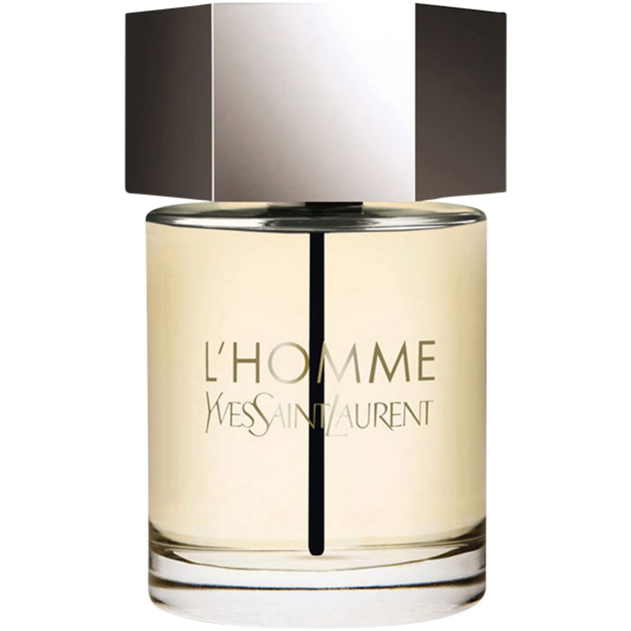 Flacone L'Homme di Yves Saint Laurent. Flacone cilindrico in vetro con tappo argentato e parte centrale nera. Scritta L'Homme e Yves Saint Laurent.