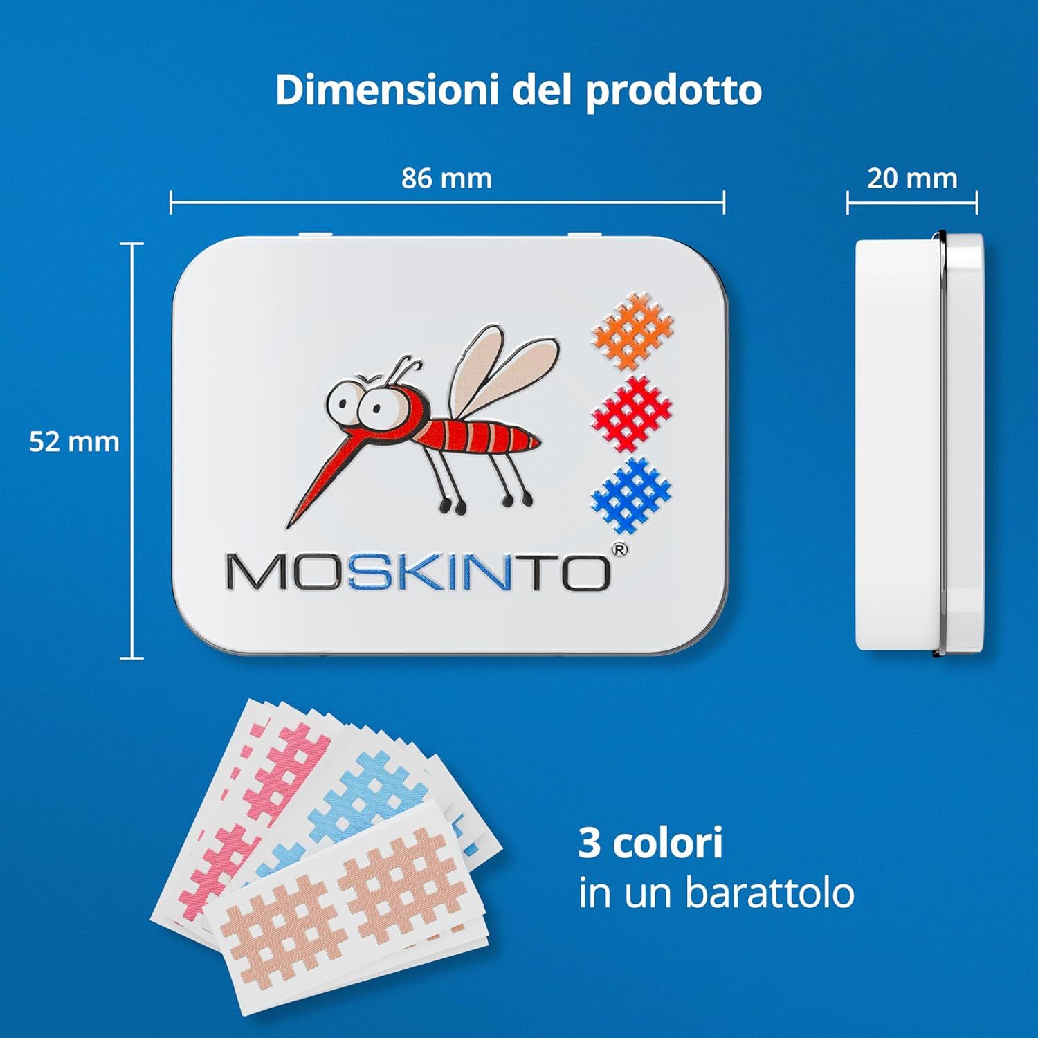 Immagine del prodotto con dimensioni. Scatola di metallo con cerotti. Dimensioni: 86x52x20 mm. 3 colori nella scatola. Logo MOSKINTO.