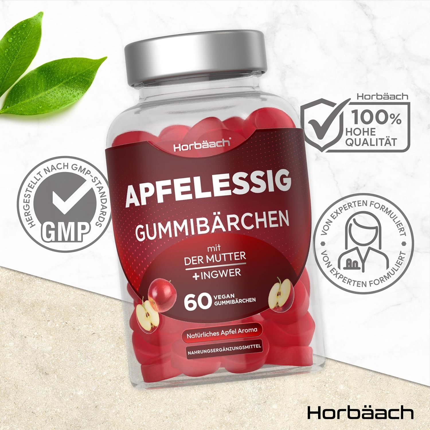 Barattolo di caramelle gommose rosse. Scritta: Aceto di mele, zenzero. 60 caramelle gommose vegane. Certificazione GMP. 100% alta qualità.