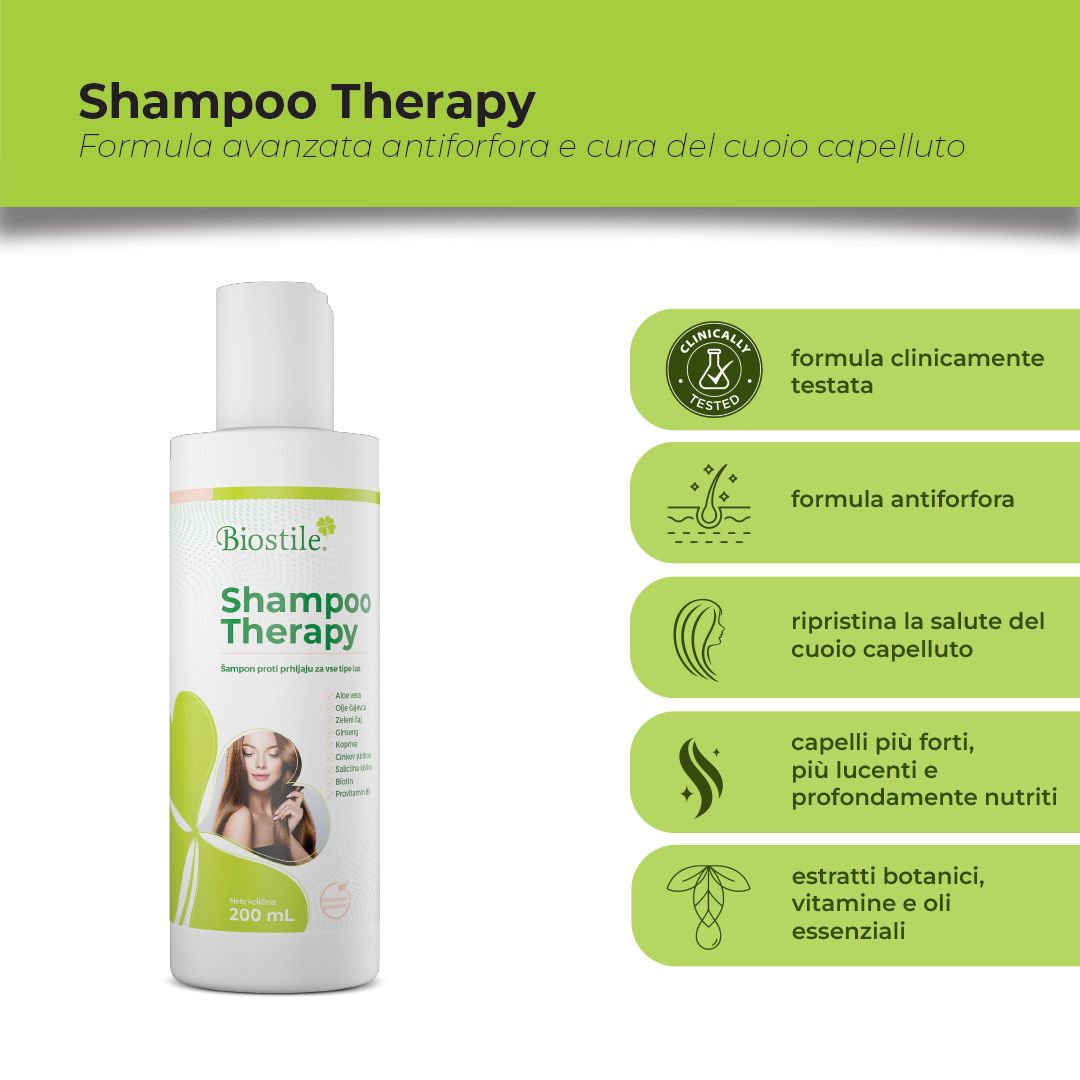 Flacone Biostile Shampoo Therapy con testo e icone. Design verde e bianco.