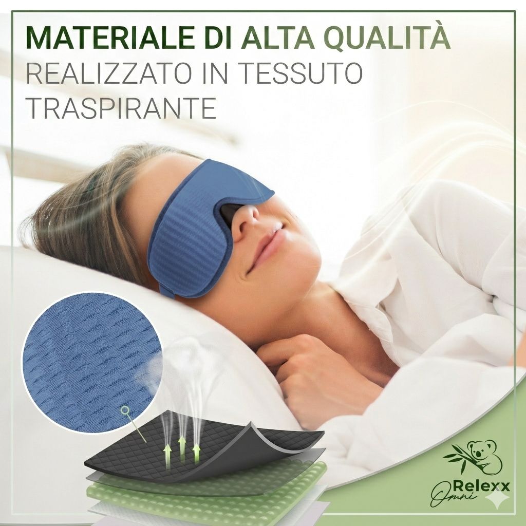 Donna con maschera per dormire blu a letto. Materiale traspirante di alta qualità. Marchio: Omni Relexx.