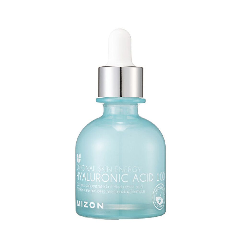 Flacone azzurro con tappo argentato e pipetta. Scritta: Original Skin Energy Hyaluronic Acid 100. Marchio Mizon.