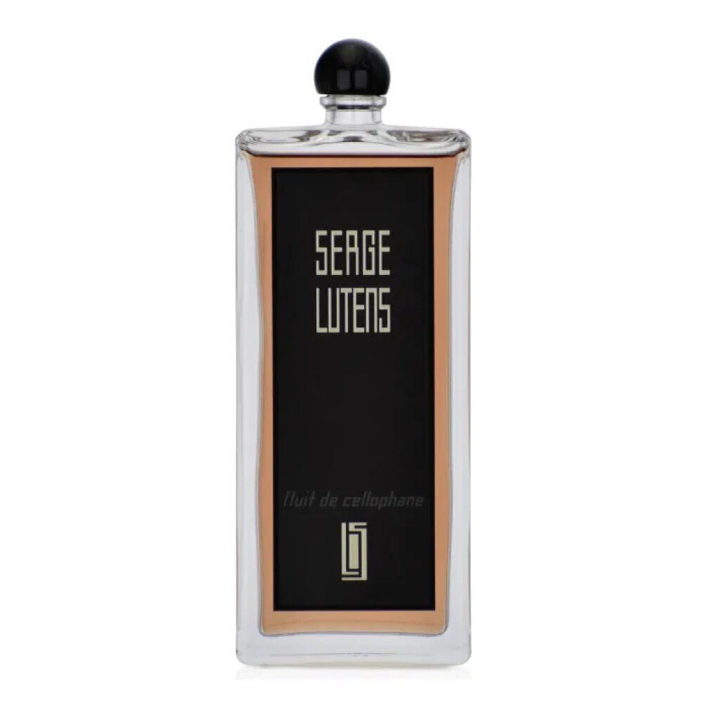 Flacone rettangolare con tappo nero. Etichetta nera con testo bianco: SERGE LUTENS, Nuit de cellophane.
