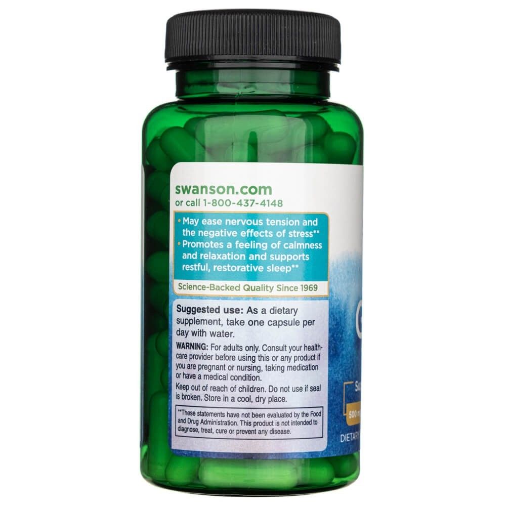Retro di un flacone verde di Swanson GABA 500 mg, benefici e uso.