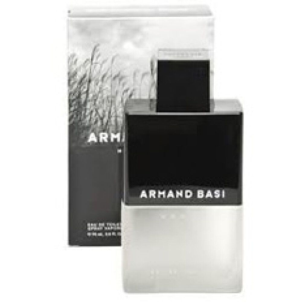Armand Basi Homme Eau de Toilette. Flacone con tappo nero. Confezione con motivo paesaggistico. Scritta Armand Basi.