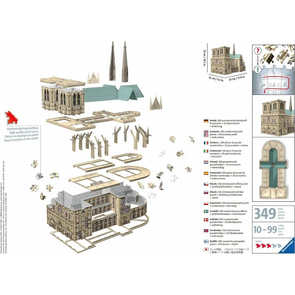 Puzzle 3D Cattedrale Notre-Dame, Parigi assemblato. 324 pezzi. Vista frontale e laterale.
