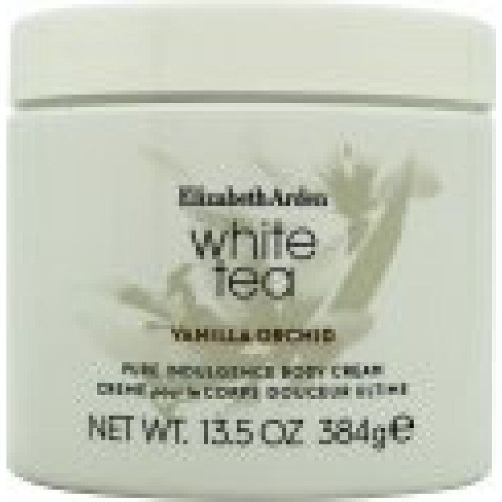 Vaso bianco con coperchio. Scritta: Elizabeth Arden, White Tea, Vanilla Orchid, Pure Indulgence Body Cream. Peso netto: 13,5 OZ 384g.