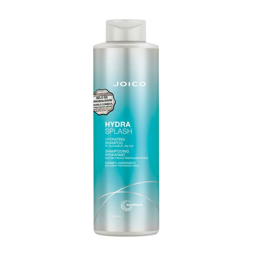 Flacone di shampoo Joico Hydra Splash. Sfumatura blu. Testo: Hydra Splash, Hydrating Shampoo, logo Joico, certificazione.