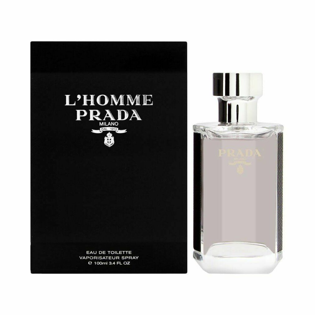 Flacone e confezione Prada L'Homme Eau de Toilette. Confezione nera con logo. Flacone trasparente con tappo argentato.