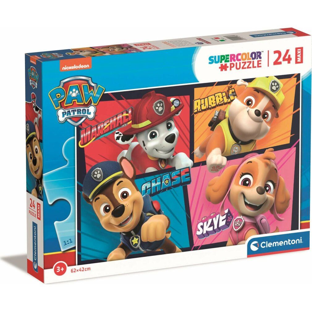 Puzzle Clementoni, 24 pezzi, Paw Patrol. Confezione con Marshall, Chase, Rubble e Skye. Scatola blu con motivo puzzle.