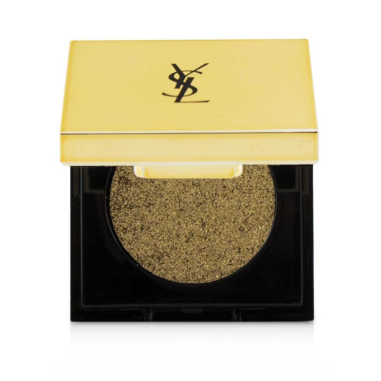 Ombretto dorato in contenitore nero aperto. Marchio: Yves Saint Laurent. Logo: YSL.