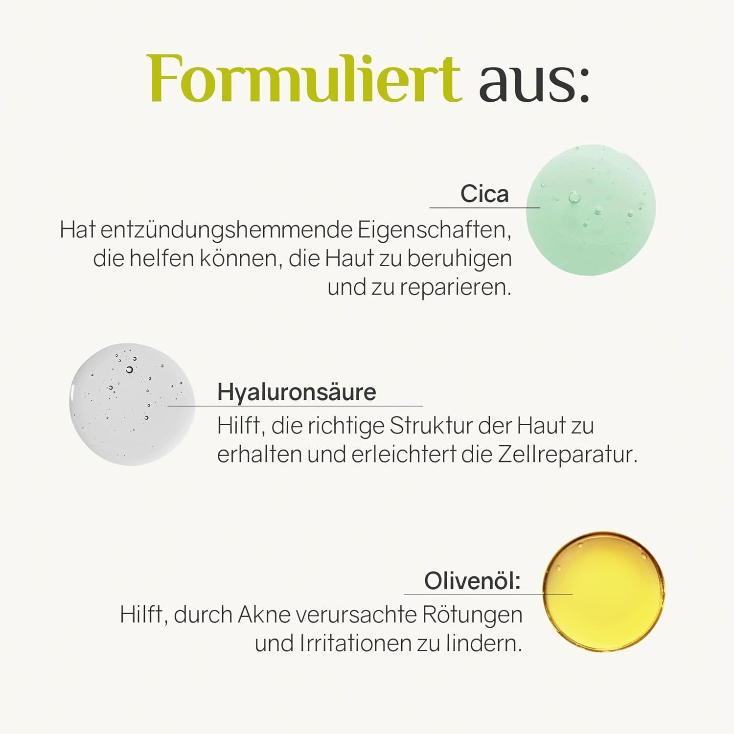 Grafico con ingredienti: Cica, acido ialuronico, olio d'oliva. Testo sulle proprietà antinfiammatorie, riparazione cellulare e sollievo.