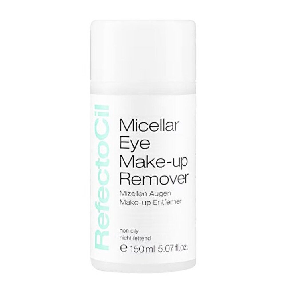 Flacone bianco con scritta Micellar Eye Make-up Remover. Logo RefectoCil. Non grasso. 150ml.