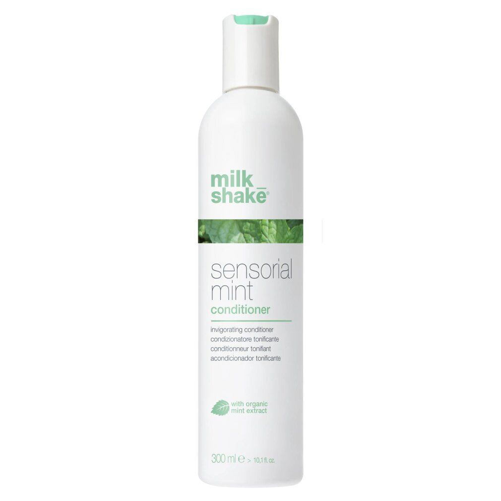 Flacone bianco con stampa verde. Scritta: milk_shake, sensorial mint conditioner. Contiene estratto di menta. Volume: 300 ml.